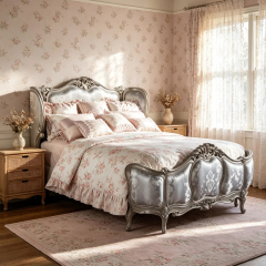 EKAR Classic French Gilded Bed with Silver Damask Upholstery,EKAR FURNITURE CO.,LTD,EKAR Classic French Gilded Bed with Silver Damask Upholstery,foshan furniture factory,custom Furniture factory,china furniture factory