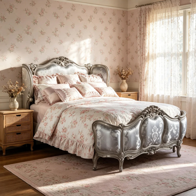 EKAR Classic French Gilded Bed with Silver Damask Upholstery,EKAR FURNITURE CO.,LTD,EKAR Classic French Gilded Bed with Silver Damask Upholstery,foshan furniture factory,custom Furniture factory,china furniture factory