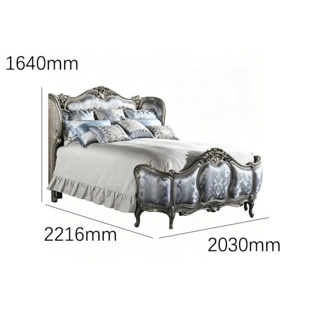 EKAR Classic French Gilded Bed with Silver Damask Upholstery,EKAR FURNITURE CO.,LTD,EKAR Classic French Gilded Bed with Silver Damask Upholstery,foshan furniture factory,custom Furniture factory,china furniture factory