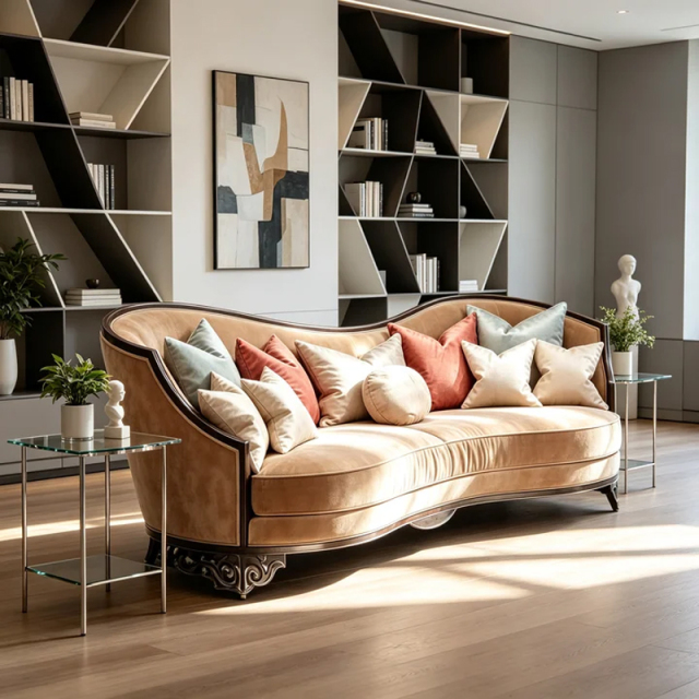 EKAR Classic French Serpentine Velvet Sofa with Wood Trim,MY SHOP,EKAR Classic French Serpentine Velvet Sofa with Wood Trim,foshan furniture factory,custom Furniture factory,china furniture factory