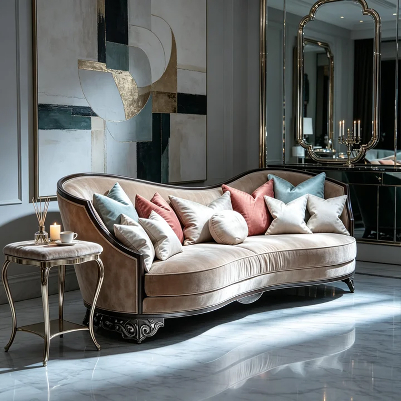 EKAR Classic French Serpentine Velvet Sofa with Wood Trim,MY SHOP,EKAR Classic French Serpentine Velvet Sofa with Wood Trim,foshan furniture factory,custom Furniture factory,china furniture factory