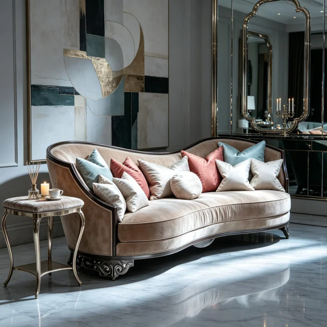 EKAR Classic French Serpentine Velvet Sofa with Wood Trim,MY SHOP,EKAR Classic French Serpentine Velvet Sofa with Wood Trim,foshan furniture factory,custom Furniture factory,china furniture factory