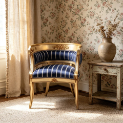 EKAR Classic French Gilded Barrel Back Leisure Chair with Striped Upholstery,MY SHOP,EKAR Classic French Gilded Barrel Back Leisure Chair with Striped Upholstery,foshan furniture factory,custom Furniture factory,china furniture factory
