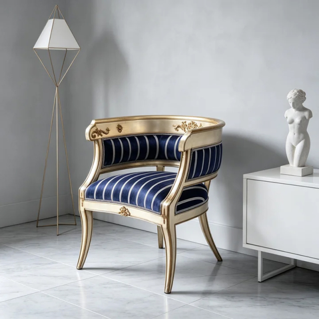 EKAR Classic French Gilded Barrel Back Leisure Chair with Striped Upholstery,MY SHOP,EKAR Classic French Gilded Barrel Back Leisure Chair with Striped Upholstery,foshan furniture factory,custom Furniture factory,china furniture factory