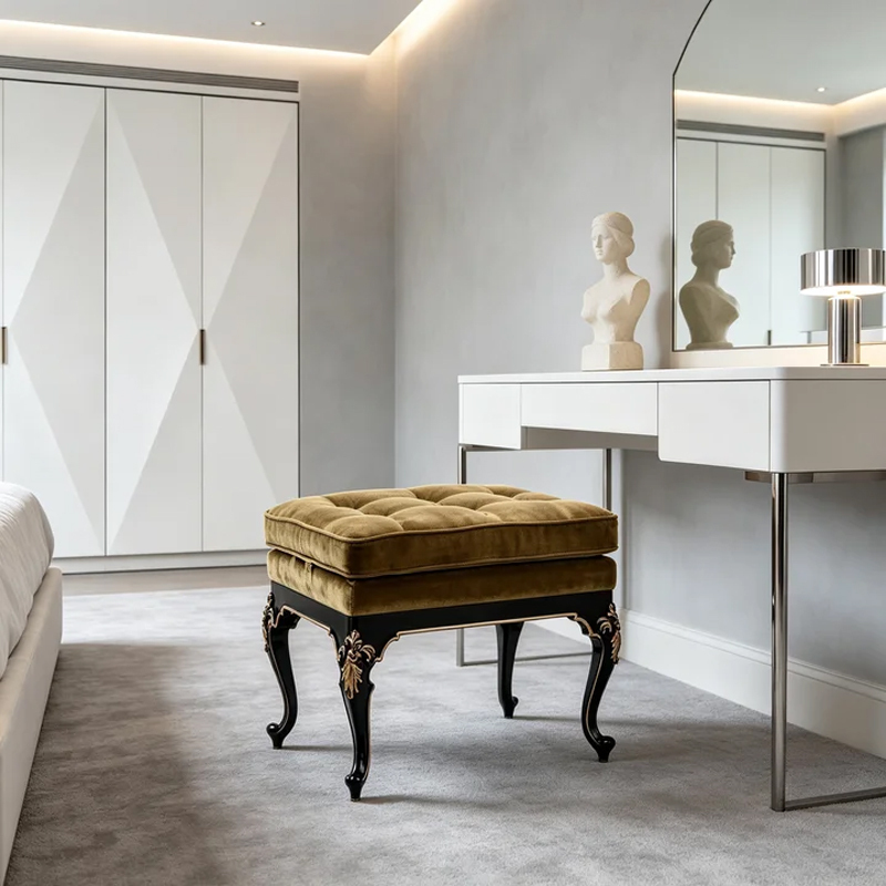 EKAR Classic French Tufted Velvet Dressing Stool with Black and Gold Frame,EKAR FURNITURE CO.,LTD,EKAR Classic French Tufted Velvet Dressing Stool with Black and Gold Frame,foshan furniture factory,custom Furniture factory,china furniture factory