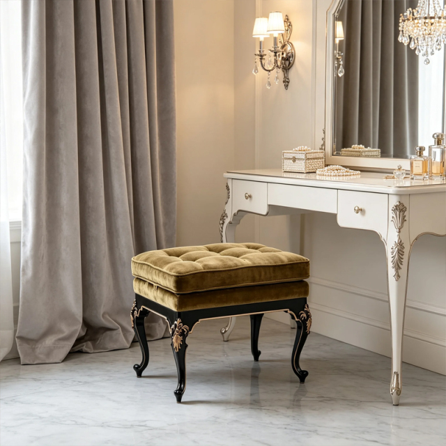 EKAR Classic French Tufted Velvet Dressing Stool with Black and Gold Frame,EKAR FURNITURE CO.,LTD,EKAR Classic French Tufted Velvet Dressing Stool with Black and Gold Frame,foshan furniture factory,custom Furniture factory,china furniture factory