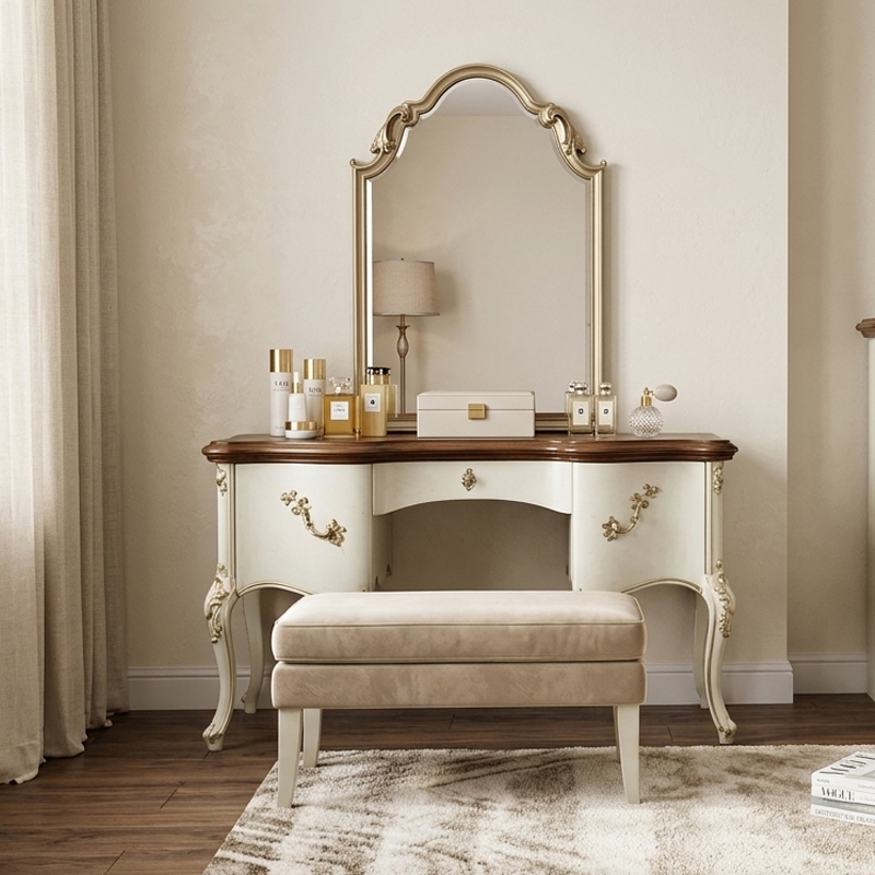 EKAR Classic French Cream Vanity Dressing Table with Arched Mirror,MY SHOP,EKAR Classic French Cream Vanity Dressing Table with Arched Mirror,foshan furniture factory,custom Furniture factory,china furniture factory