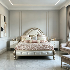 EKAR Classic French Tufted Leather Bed with Gilded Frame,MY SHOP,EKAR Classic French Tufted Leather Bed with Gilded Frame,foshan furniture factory,custom Furniture factory,china furniture factory