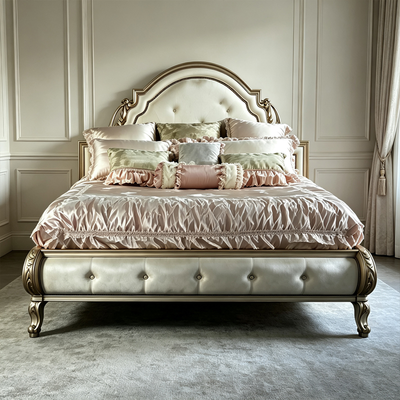 EKAR Classic French Tufted Leather Bed with Gilded Frame,MY SHOP,EKAR Classic French Tufted Leather Bed with Gilded Frame,foshan furniture factory,custom Furniture factory,china furniture factory