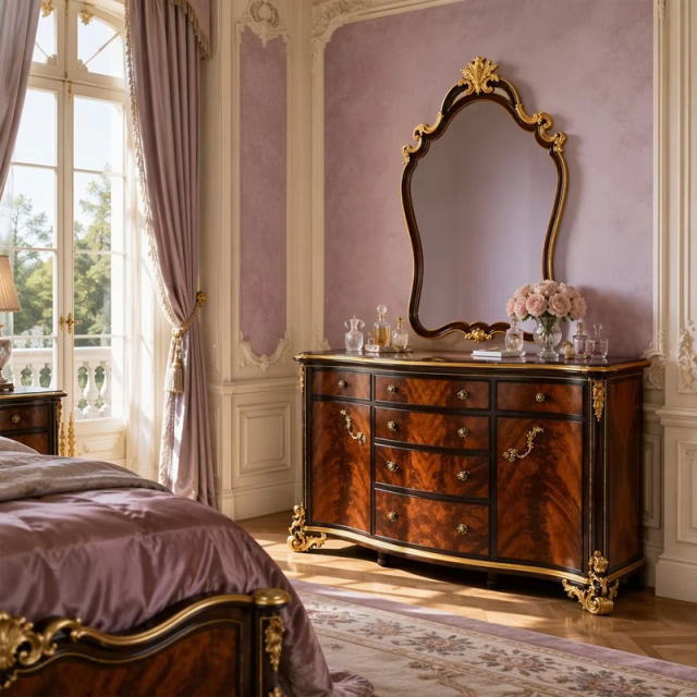 Empress Regency Burl-Wood Vanity &amp; Crown Mirror Set | Luxury French Classical Dressing Table - EKAR,EKAR FURNITURE CO.,LTD,Empress Regency Burl-Wood Vanity &amp; Crown Mirror Set | Luxury French Classical Dressing Table - EKAR,foshan furniture factory,custom Furniture factory,china furniture factory