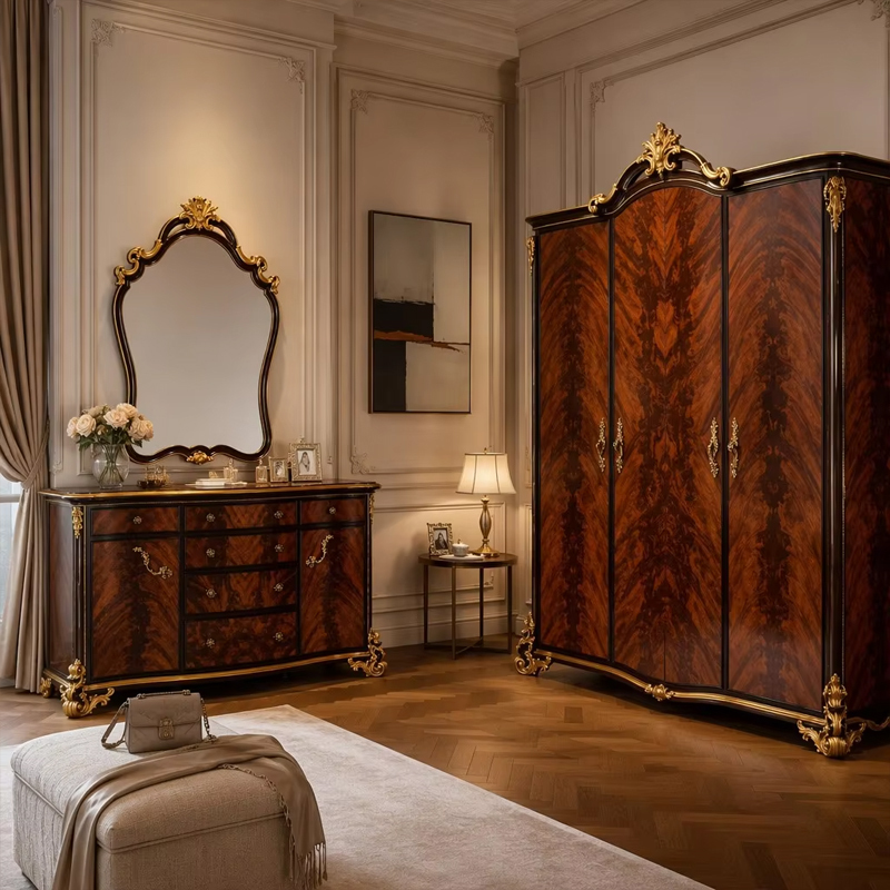 Empress Regency Burl-Wood Vanity &amp; Crown Mirror Set | Luxury French Classical Dressing Table - EKAR,EKAR FURNITURE CO.,LTD,Empress Regency Burl-Wood Vanity &amp; Crown Mirror Set | Luxury French Classical Dressing Table - EKAR,foshan furniture factory,custom Furniture factory,china furniture factory