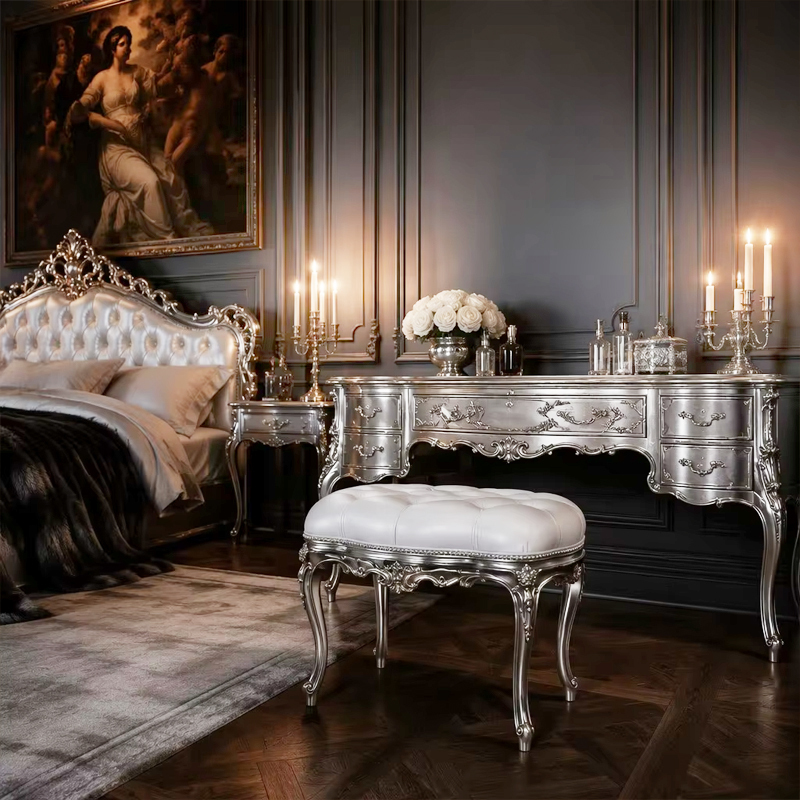 Valence Argento Neoclassical Vanity Stool | Luxury French Classical Silver-Gilded Seating - EKAR,EKAR FURNITURE CO.,LTD,Valence Argento Neoclassical Vanity Stool | Luxury French Classical Silver-Gilded Seating - EKAR,foshan furniture factory,custom Furniture factory,china furniture factory