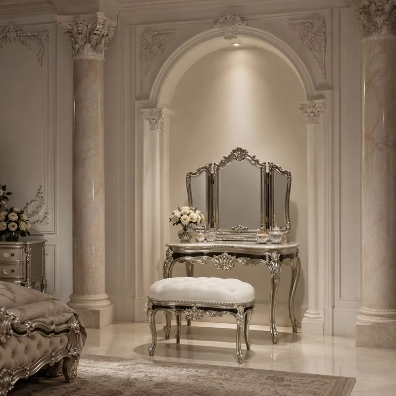 Valence Argento Neoclassical Vanity Stool | Luxury French Classical Silver-Gilded Seating - EKAR,EKAR FURNITURE CO.,LTD,Valence Argento Neoclassical Vanity Stool | Luxury French Classical Silver-Gilded Seating - EKAR,foshan furniture factory,custom Furniture factory,china furniture factory