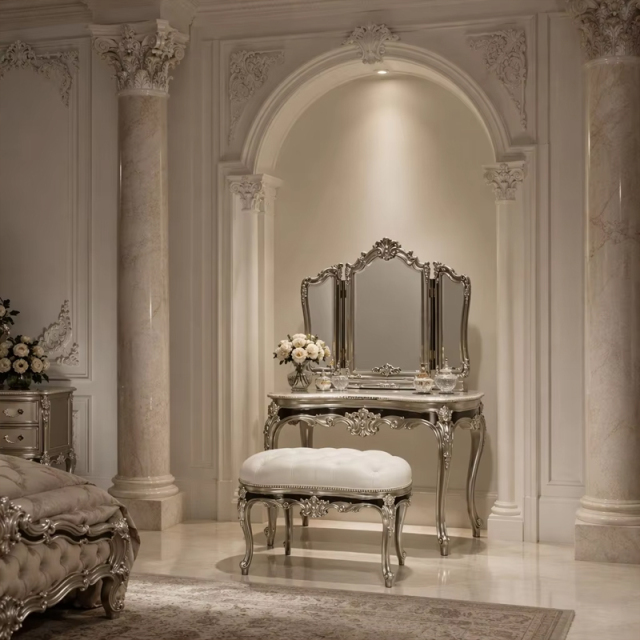 Valence Argento Neoclassical Vanity Stool | Luxury French Classical Silver-Gilded Seating - EKAR,EKAR FURNITURE CO.,LTD,Valence Argento Neoclassical Vanity Stool | Luxury French Classical Silver-Gilded Seating - EKAR,foshan furniture factory,custom Furniture factory,china furniture factory