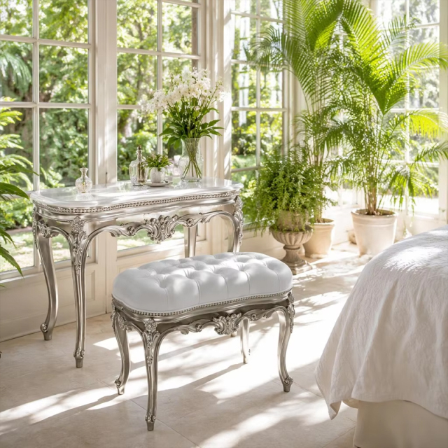 Valence Argento Neoclassical Vanity Stool | Luxury French Classical Silver-Gilded Seating - EKAR,EKAR FURNITURE CO.,LTD,Valence Argento Neoclassical Vanity Stool | Luxury French Classical Silver-Gilded Seating - EKAR,foshan furniture factory,custom Furniture factory,china furniture factory