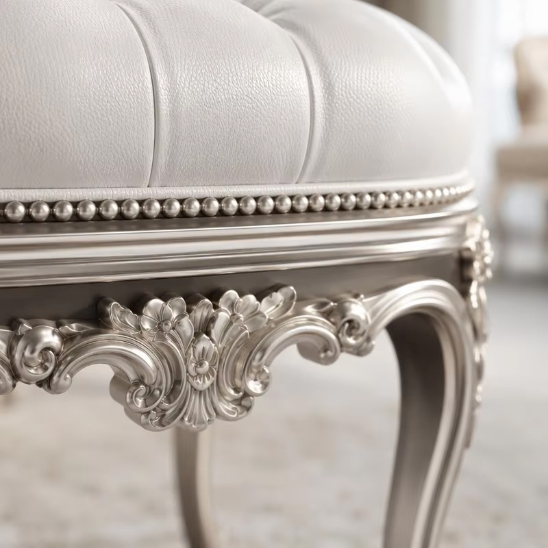 Valence Argento Neoclassical Vanity Stool | Luxury French Classical Silver-Gilded Seating - EKAR,EKAR FURNITURE CO.,LTD,Valence Argento Neoclassical Vanity Stool | Luxury French Classical Silver-Gilded Seating - EKAR,foshan furniture factory,custom Furniture factory,china furniture factory