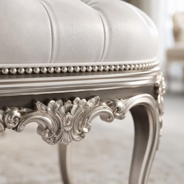 Valence Argento Neoclassical Vanity Stool | Luxury French Classical Silver-Gilded Seating - EKAR,EKAR FURNITURE CO.,LTD,Valence Argento Neoclassical Vanity Stool | Luxury French Classical Silver-Gilded Seating - EKAR,foshan furniture factory,custom Furniture factory,china furniture factory
