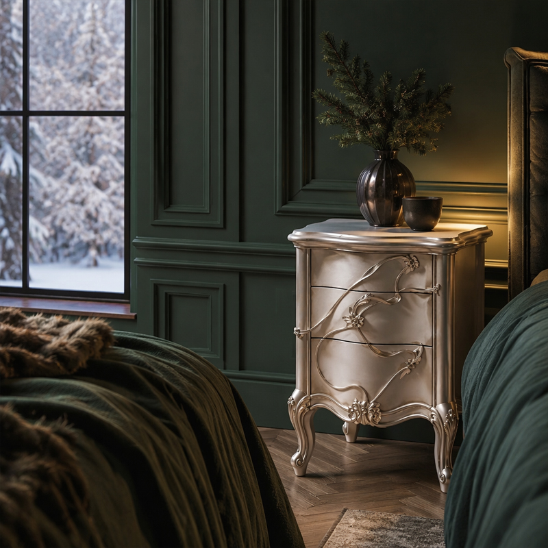 Valence Argento Floral Nightstand | Luxury French Classical Silver Bedside Cabinet - EKAR,EKAR FURNITURE CO.,LTD,Valence Argento Floral Nightstand | Luxury French Classical Silver Bedside Cabinet - EKAR,foshan furniture factory,custom Furniture factory,china furniture factory