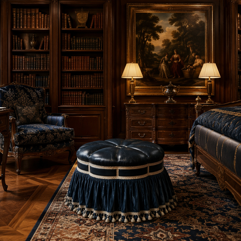Midnight Regency Couture Ottoman | Luxury Round Upholstered Pouf with Tassel Trim - EKAR,EKAR FURNITURE CO.,LTD,Midnight Regency Couture Ottoman | Luxury Round Upholstered Pouf with Tassel Trim - EKAR,foshan furniture factory,custom Furniture factory,china furniture factory