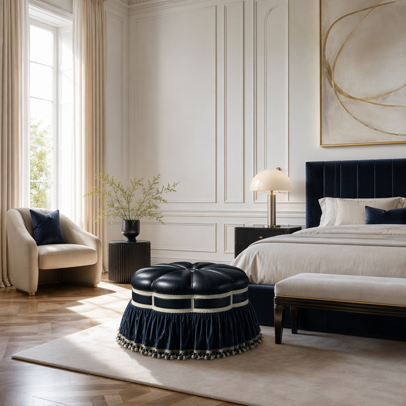 Midnight Regency Couture Ottoman | Luxury Round Upholstered Pouf with Tassel Trim - EKAR,EKAR FURNITURE CO.,LTD,Midnight Regency Couture Ottoman | Luxury Round Upholstered Pouf with Tassel Trim - EKAR,foshan furniture factory,custom Furniture factory,china furniture factory