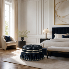 Midnight Regency Couture Ottoman | Luxury Round Upholstered Pouf with Tassel Trim - EKAR,EKAR FURNITURE CO.,LTD,Midnight Regency Couture Ottoman | Luxury Round Upholstered Pouf with Tassel Trim - EKAR,foshan furniture factory,custom Furniture factory,china furniture factory