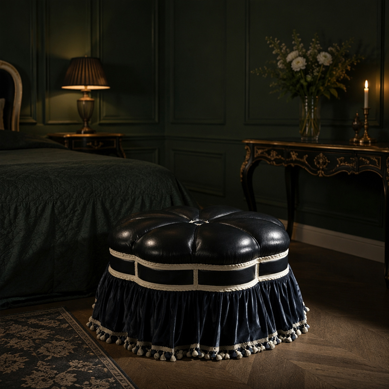 Midnight Regency Couture Ottoman | Luxury Round Upholstered Pouf with Tassel Trim - EKAR,EKAR FURNITURE CO.,LTD,Midnight Regency Couture Ottoman | Luxury Round Upholstered Pouf with Tassel Trim - EKAR,foshan furniture factory,custom Furniture factory,china furniture factory