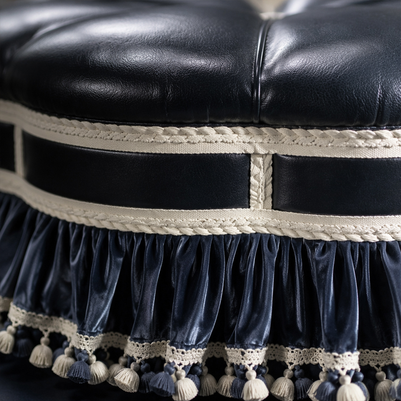 Midnight Regency Couture Ottoman | Luxury Round Upholstered Pouf with Tassel Trim - EKAR,EKAR FURNITURE CO.,LTD,Midnight Regency Couture Ottoman | Luxury Round Upholstered Pouf with Tassel Trim - EKAR,foshan furniture factory,custom Furniture factory,china furniture factory
