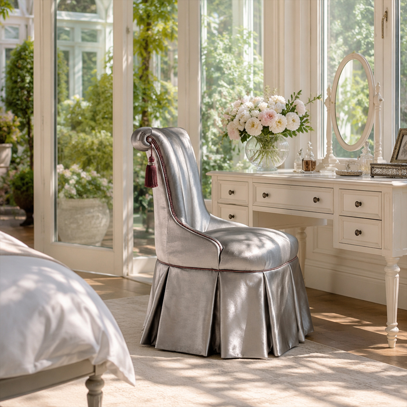 Seraphina Couture Pleated Vanity Chair | Luxury French Classical Silver Upholstered Dressing Stool - EKAR,EKAR FURNITURE CO.,LTD,Seraphina Couture Pleated Vanity Chair | Luxury French Classical Silver Upholstered Dressing Stool - EKAR,foshan furniture factory,custom Furniture factory,china furniture factory
