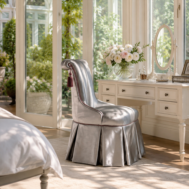 Seraphina Couture Pleated Vanity Chair | Luxury French Classical Silver Upholstered Dressing Stool - EKAR,EKAR FURNITURE CO.,LTD,Seraphina Couture Pleated Vanity Chair | Luxury French Classical Silver Upholstered Dressing Stool - EKAR,foshan furniture factory,custom Furniture factory,china furniture factory