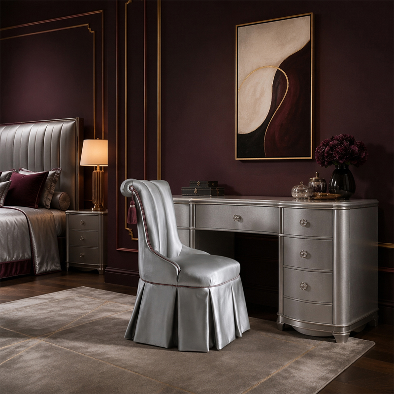 Seraphina Couture Pleated Vanity Chair | Luxury French Classical Silver Upholstered Dressing Stool - EKAR,EKAR FURNITURE CO.,LTD,Seraphina Couture Pleated Vanity Chair | Luxury French Classical Silver Upholstered Dressing Stool - EKAR,foshan furniture factory,custom Furniture factory,china furniture factory