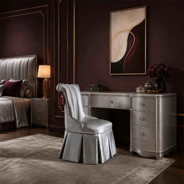 Seraphina Couture Pleated Vanity Chair | Luxury French Classical Silver Upholstered Dressing Stool - EKAR,EKAR FURNITURE CO.,LTD,Seraphina Couture Pleated Vanity Chair | Luxury French Classical Silver Upholstered Dressing Stool - EKAR,foshan furniture factory,custom Furniture factory,china furniture factory