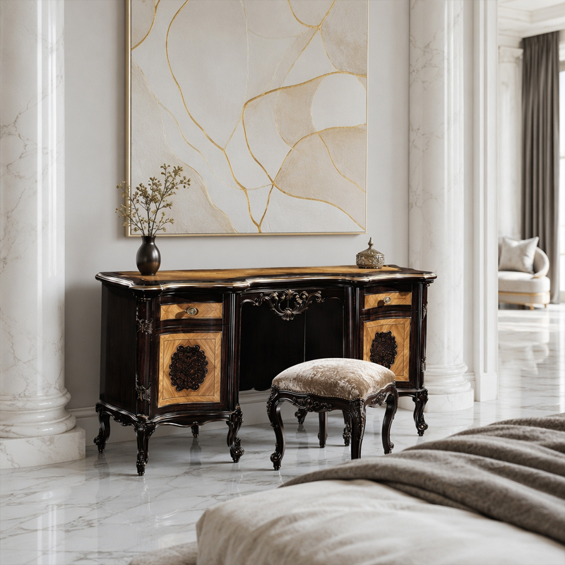Chateau Imperial Burl-Wood Vanity &amp; Majestic Crown Mirror | Luxury French Classical Dressing Table - EKAR,EKAR FURNITURE CO.,LTD,Chateau Imperial Burl-Wood Vanity &amp; Majestic Crown Mirror | Luxury French Classical Dressing Table - EKAR,foshan furniture factory,custom Furniture factory,china furniture factory