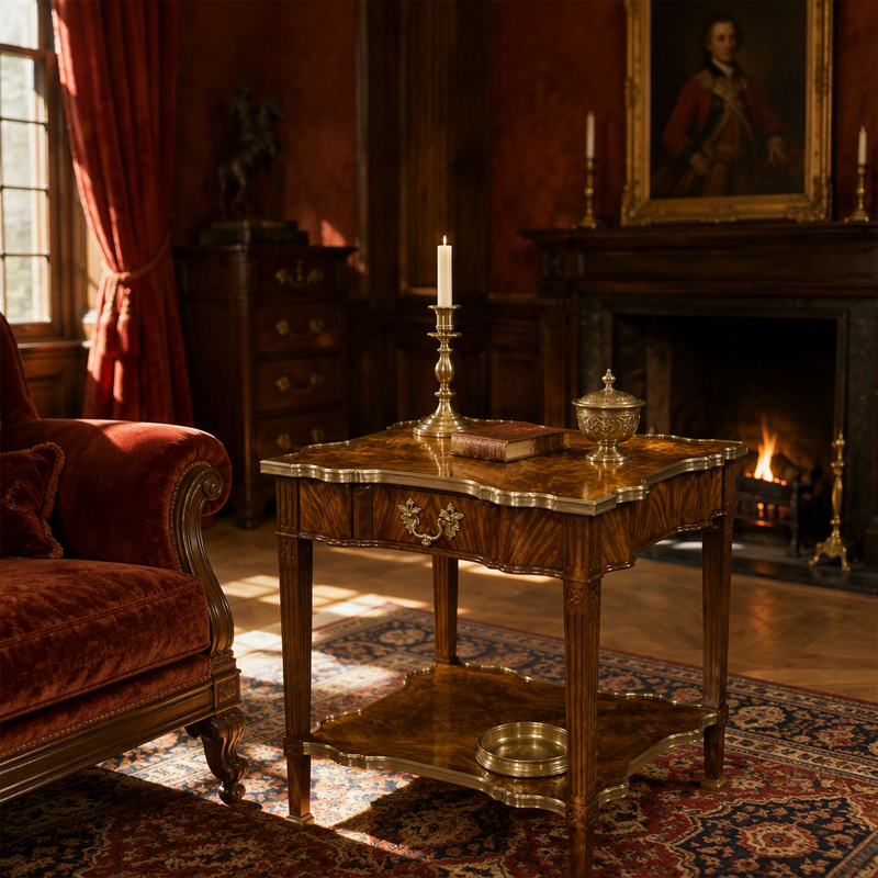 Regency Burl-Wood Serpentine Side Table | Luxury British Classical Brass-Trimmed End Table - EKAR FURNITURE,MY SHOP,Regency Burl-Wood Serpentine Side Table | Luxury British Classical Brass-Trimmed End Table - EKAR FURNITURE,foshan furniture factory,custom Furniture factory,china furniture factory