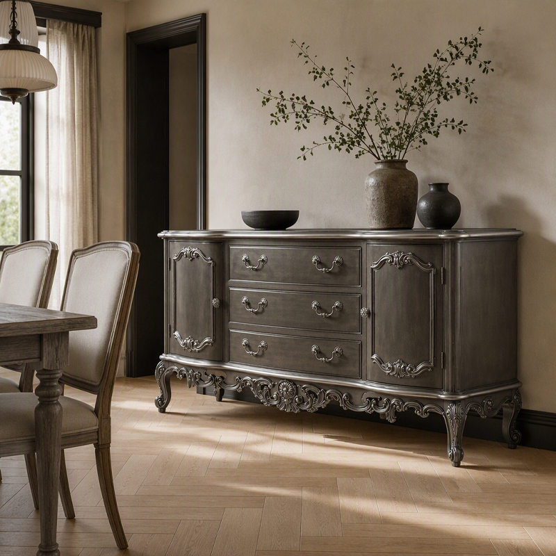 Charcoal Regent Serpentine Sideboard | Luxury French Classical Distressed Pewter Buffet - EKAR FURNITURE,EKAR FURNITURE CO.,LTD,Charcoal Regent Serpentine Sideboard | Luxury French Classical Distressed Pewter Buffet - EKAR FURNITURE,foshan furniture factory,custom Furniture factory,china furniture factory