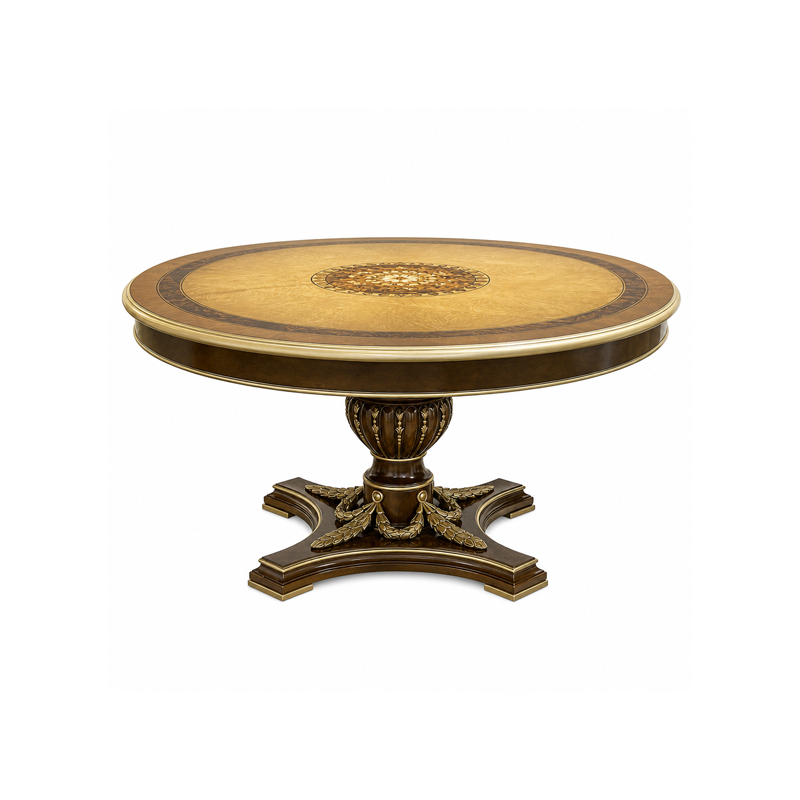 American Empire Burl-Wood Pedestal Dining Table | Luxury Classical Gold-Accented Round Table - EKAR FURNIT,EKAR FURNITURE CO.,LTD,American Empire Burl-Wood Pedestal Dining Table | Luxury Classical Gold-Accented Round Table - EKAR FURNIT,foshan furniture factory,custom Furniture factory,china furniture factory