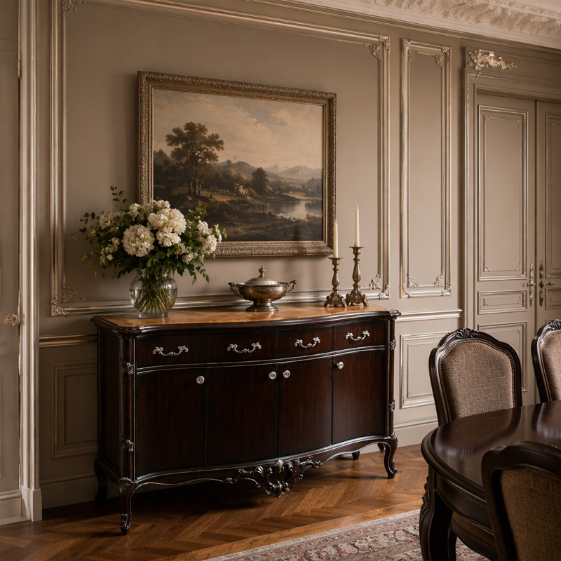 American Empire Bow-Front Sideboard | Luxury Classical Inlaid Dining Buffet with Silver Hardware - EKAR,EKAR FURNITURE CO.,LTD,American Empire Bow-Front Sideboard | Luxury Classical Inlaid Dining Buffet with Silver Hardware - EKAR,foshan furniture factory,custom Furniture factory,china furniture factory