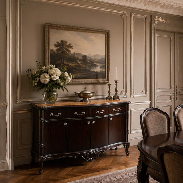 American Empire Bow-Front Sideboard | Luxury Classical Inlaid Dining Buffet with Silver Hardware - EKAR,EKAR FURNITURE CO.,LTD,American Empire Bow-Front Sideboard | Luxury Classical Inlaid Dining Buffet with Silver Hardware - EKAR,foshan furniture factory,custom Furniture factory,china furniture factory