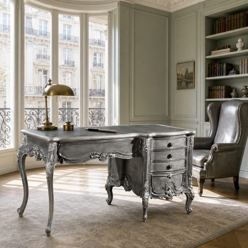 Silver Regent Rococo Writing Desk | Luxury French Classical Antiqued Pewter Executive Desk - EKAR,EKAR FURNITURE CO.,LTD,Silver Regent Rococo Writing Desk | Luxury French Classical Antiqued Pewter Executive Desk - EKAR,foshan furniture factory,custom Furniture factory,china furniture factory