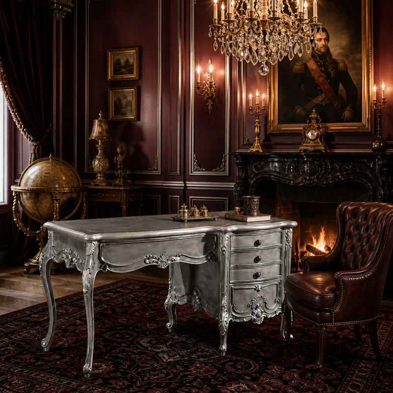 Silver Regent Rococo Writing Desk | Luxury French Classical Antiqued Pewter Executive Desk - EKAR,EKAR FURNITURE CO.,LTD,Silver Regent Rococo Writing Desk | Luxury French Classical Antiqued Pewter Executive Desk - EKAR,foshan furniture factory,custom Furniture factory,china furniture factory