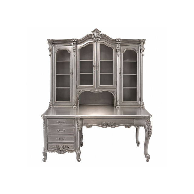 Silver Provincial Hutch Executive Desk | Luxury French Classical Glazed Office Bureau - EKAR FURNITURE,EKAR FURNITURE CO.,LTD,Silver Provincial Hutch Executive Desk | Luxury French Classical Glazed Office Bureau - EKAR FURNITURE,foshan furniture factory,custom Furniture factory,china furniture factory