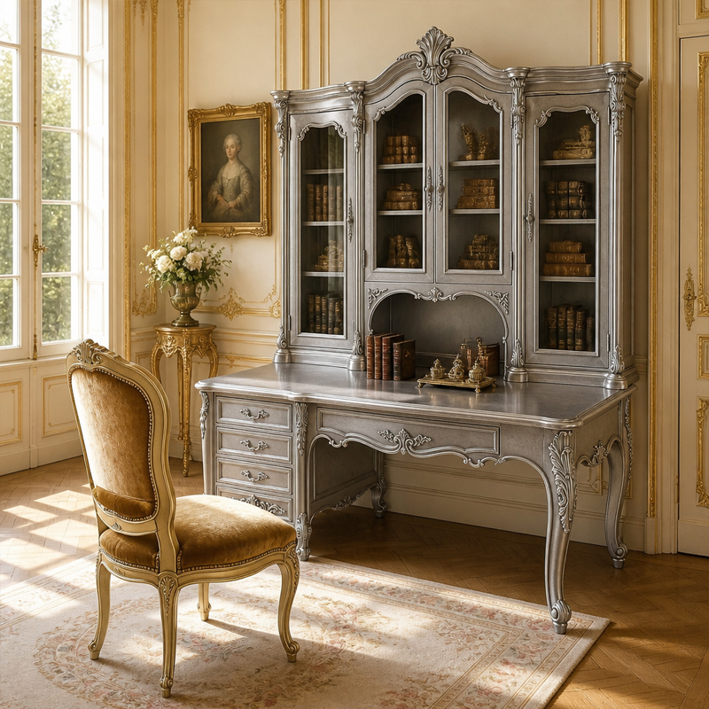 Silver Provincial Hutch Executive Desk | Luxury French Classical Glazed Office Bureau - EKAR FURNITURE,EKAR FURNITURE CO.,LTD,Silver Provincial Hutch Executive Desk | Luxury French Classical Glazed Office Bureau - EKAR FURNITURE,foshan furniture factory,custom Furniture factory,china furniture factory