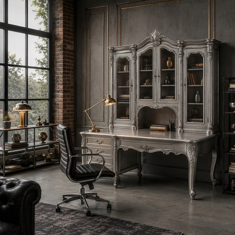 Silver Provincial Hutch Executive Desk | Luxury French Classical Glazed Office Bureau - EKAR FURNITURE,EKAR FURNITURE CO.,LTD,Silver Provincial Hutch Executive Desk | Luxury French Classical Glazed Office Bureau - EKAR FURNITURE,foshan furniture factory,custom Furniture factory,china furniture factory