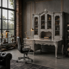 Silver Provincial Hutch Executive Desk | Luxury French Classical Glazed Office Bureau - EKAR FURNITURE,EKAR FURNITURE CO.,LTD,Silver Provincial Hutch Executive Desk | Luxury French Classical Glazed Office Bureau - EKAR FURNITURE,foshan furniture factory,custom Furniture factory,china furniture factory