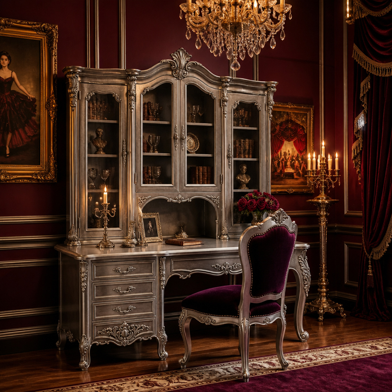 Silver Provincial Hutch Executive Desk | Luxury French Classical Glazed Office Bureau - EKAR FURNITURE,EKAR FURNITURE CO.,LTD,Silver Provincial Hutch Executive Desk | Luxury French Classical Glazed Office Bureau - EKAR FURNITURE,foshan furniture factory,custom Furniture factory,china furniture factory