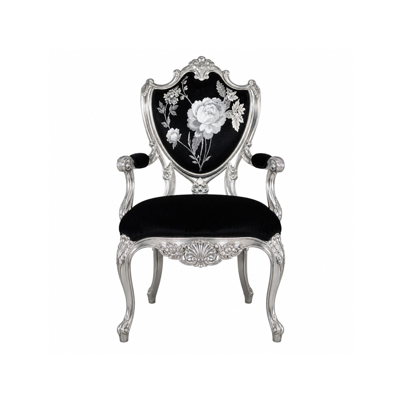 Silver Rococo Rose Accent Office Chair | Luxury French Classical Black Velvet Study Seating - EKAR,EKAR FURNITURE CO.,LTD,Silver Rococo Rose Accent Office Chair | Luxury French Classical Black Velvet Study Seating - EKAR,foshan furniture factory,custom Furniture factory,china furniture factory