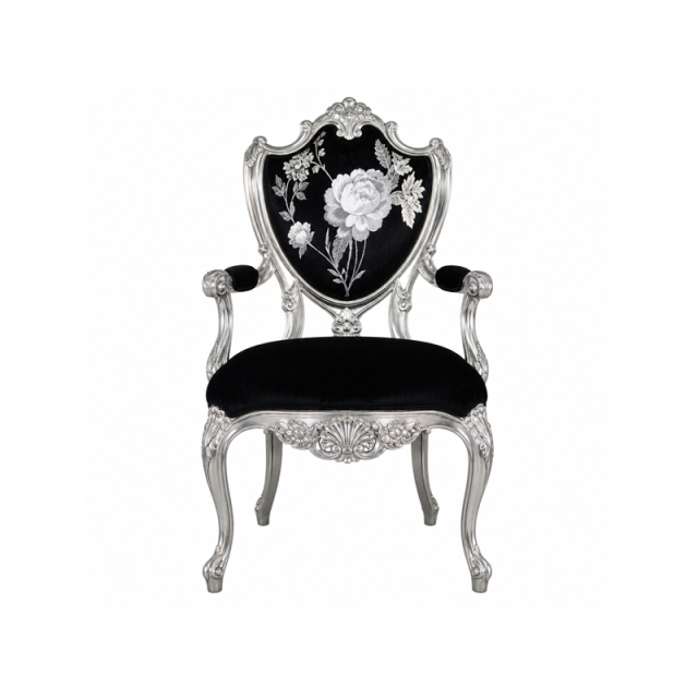 Silver Rococo Rose Accent Office Chair | Luxury French Classical Black Velvet Study Seating - EKAR,EKAR FURNITURE CO.,LTD,Silver Rococo Rose Accent Office Chair | Luxury French Classical Black Velvet Study Seating - EKAR,foshan furniture factory,custom Furniture factory,china furniture factory