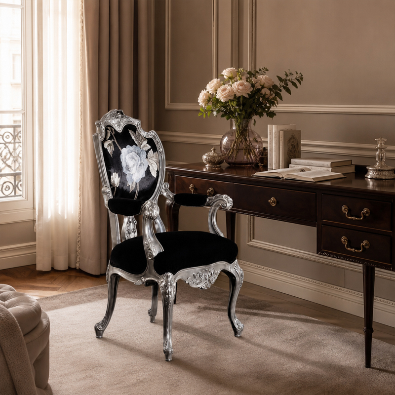 Silver Rococo Rose Accent Office Chair | Luxury French Classical Black Velvet Study Seating - EKAR,EKAR FURNITURE CO.,LTD,Silver Rococo Rose Accent Office Chair | Luxury French Classical Black Velvet Study Seating - EKAR,foshan furniture factory,custom Furniture factory,china furniture factory