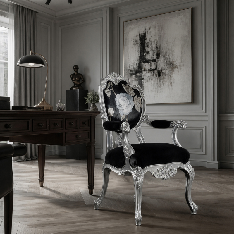 Silver Rococo Rose Accent Office Chair | Luxury French Classical Black Velvet Study Seating - EKAR,EKAR FURNITURE CO.,LTD,Silver Rococo Rose Accent Office Chair | Luxury French Classical Black Velvet Study Seating - EKAR,foshan furniture factory,custom Furniture factory,china furniture factory