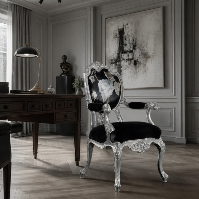 Silver Rococo Rose Accent Office Chair | Luxury French Classical Black Velvet Study Seating - EKAR,EKAR FURNITURE CO.,LTD,Silver Rococo Rose Accent Office Chair | Luxury French Classical Black Velvet Study Seating - EKAR,foshan furniture factory,custom Furniture factory,china furniture factory