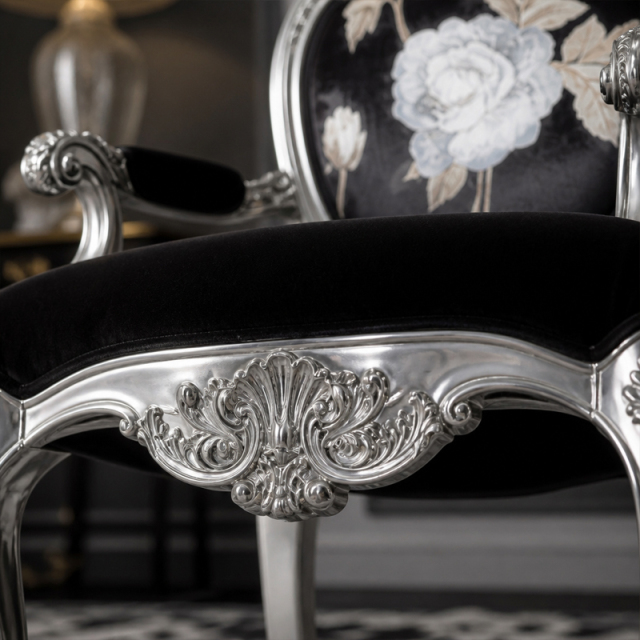 Silver Rococo Rose Accent Office Chair | Luxury French Classical Black Velvet Study Seating - EKAR,EKAR FURNITURE CO.,LTD,Silver Rococo Rose Accent Office Chair | Luxury French Classical Black Velvet Study Seating - EKAR,foshan furniture factory,custom Furniture factory,china furniture factory